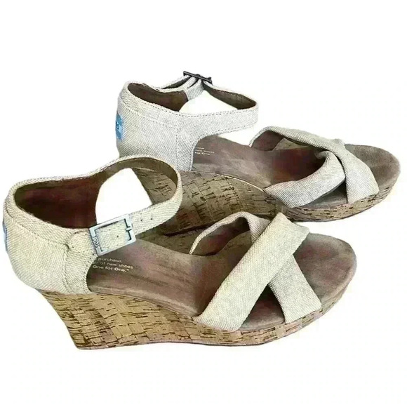 TOMS Wedge Sandals Cork Oatmeal Burlap Criss Cross Sienna Platform Women’s S 10 - Picture 3 of 6